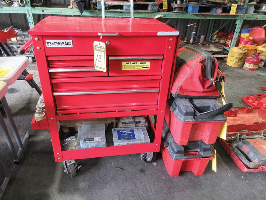 US GENERAL 5-DRAWER TOOL CHEST W/ TOOL CONTENTS & MILWAUKEE, HILTI TOTES