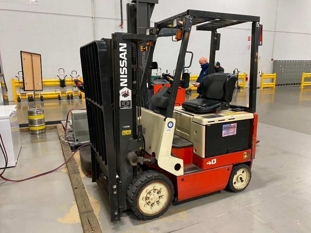 2002 NISSAN 40 ELECTRIC FORKLIFT, MODEL CWP02L20S, S/N CWP002-9C4197, 13,256 HOURS, SIDESHIFT, 3-STA