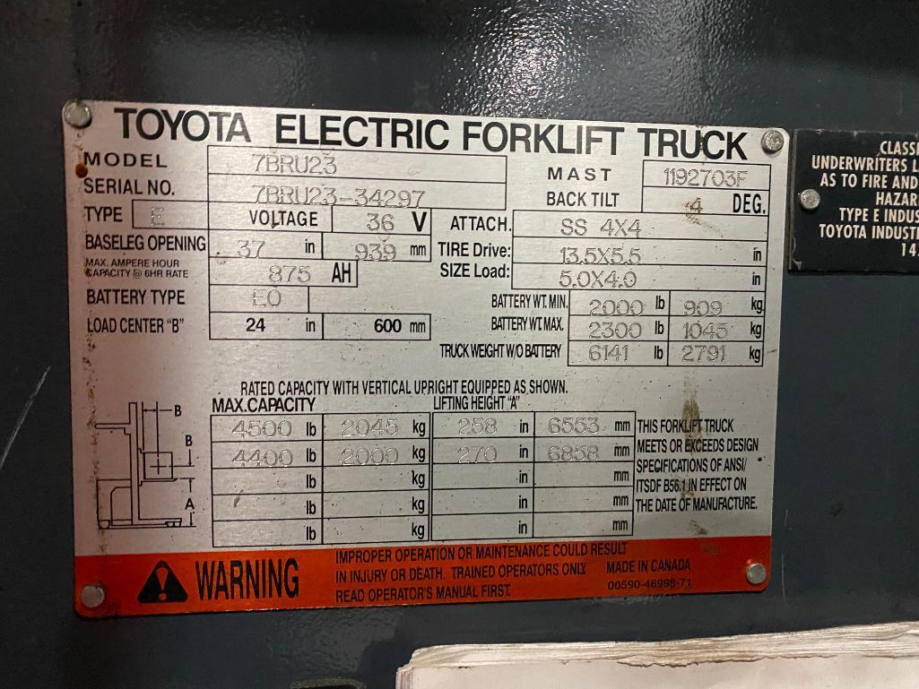 2008 TOYOTA REACH TRUCK, MODEL 7BRU23, S/N 7BRU23-34297, 36V, 4500-LB. CAPACITY, WITH FERRO 1500 SER