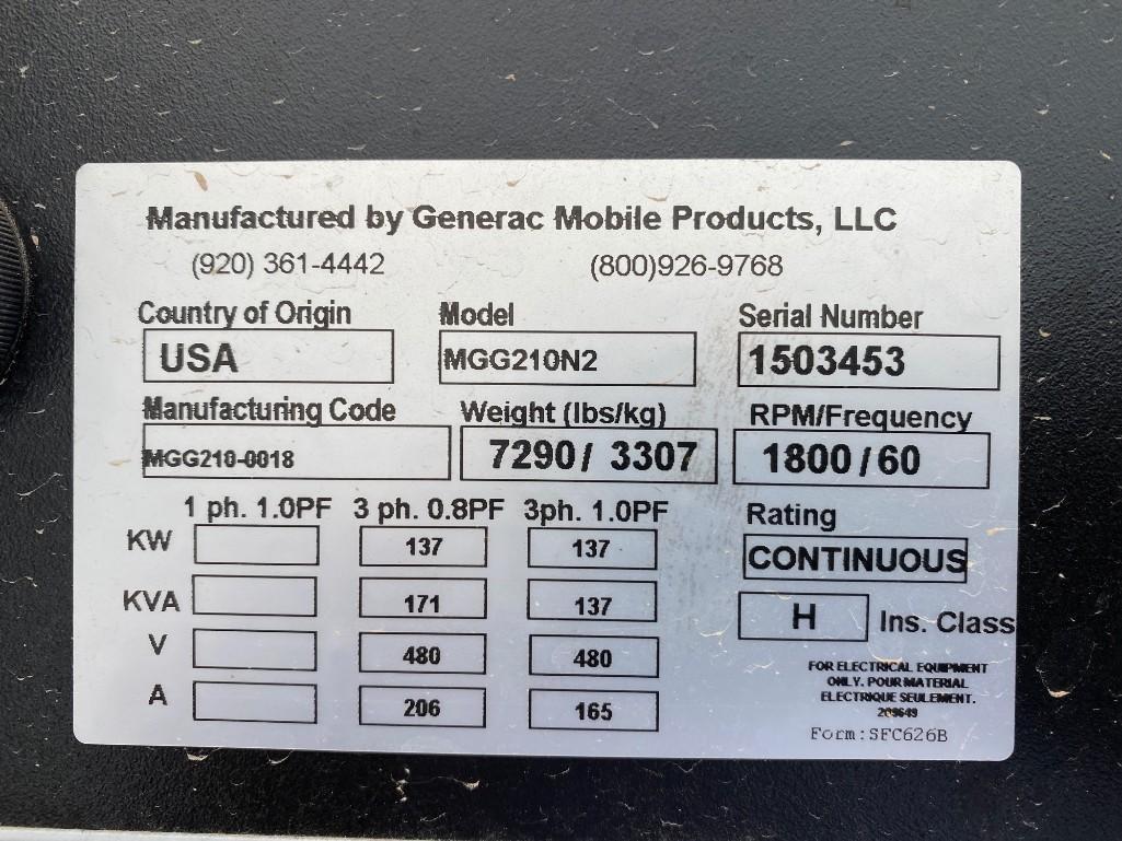 2015 GENERAC 230KVA NAT GAS TOWABLE GENERATOR - PARALLEL, MODEL MGG210N2, S/N 1503453, 1800/60