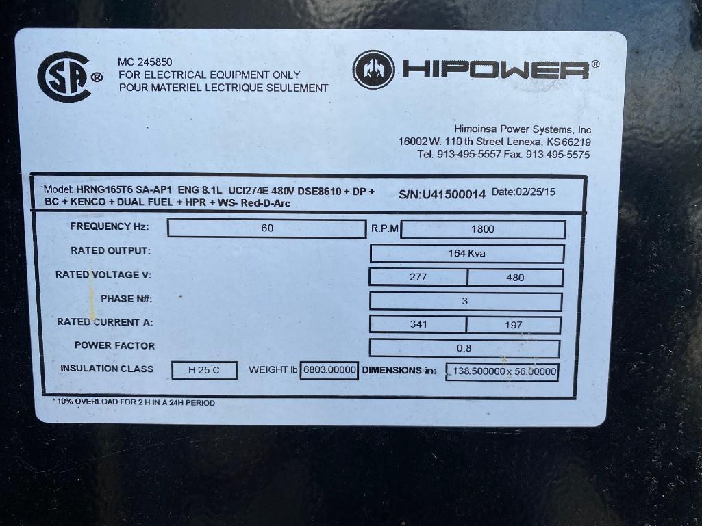 2014 HI-POWER 165KVA NG/LPG TOWABLE GENERATOR, MODEL HRNG165T6, SA-AP1 ENG 8.1L UCI274E 480V DSE8610