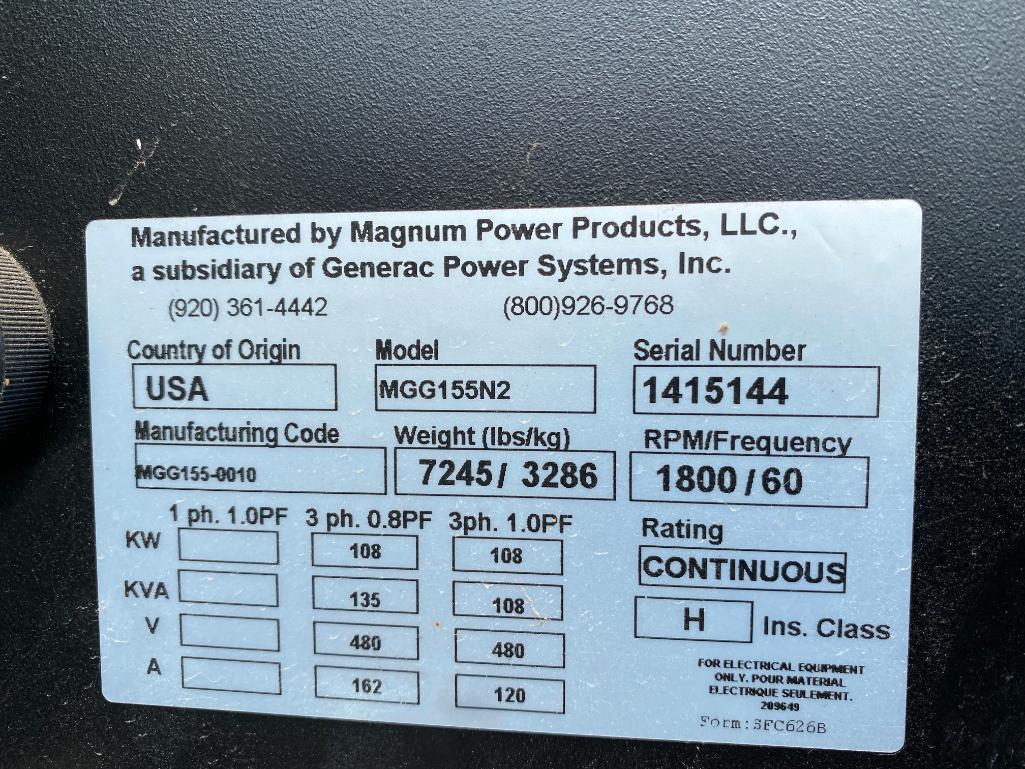 2015 MAGNUM 165KVA NAT GAS TOWABLE GENERATOR - PARALLEL, MODEL MGG155N2, S/N 1415144, 1800/60