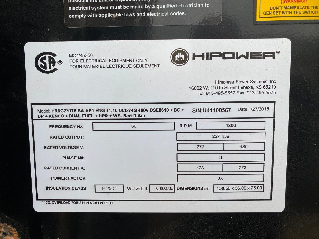 2015 HiPower 230 KVA Towable Generator, Dual Fuel Natural Gas or LP, Model HRNG230T6 SA-AP1 ENG