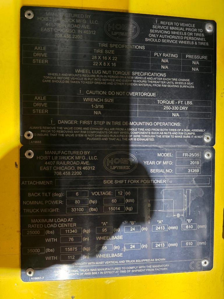 2019 Hoist 35,000-LB Capacity Extendable Forklift, Model FR 25/35, S/N 31269, LPG, w/ Extendable