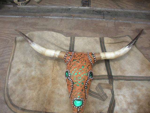 Leather Tooled Long Horn Steer Head and Horns  51"