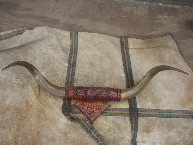 Leather Tooled Mounted Longhorn Steer Horns 34"