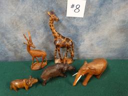 Five Handcarved African Animals From Tanzania