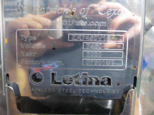 2020 Letina Stainless Steel Type ZR7450V/18 7450L Vessel SN 076019/9 Cone Bottom Style