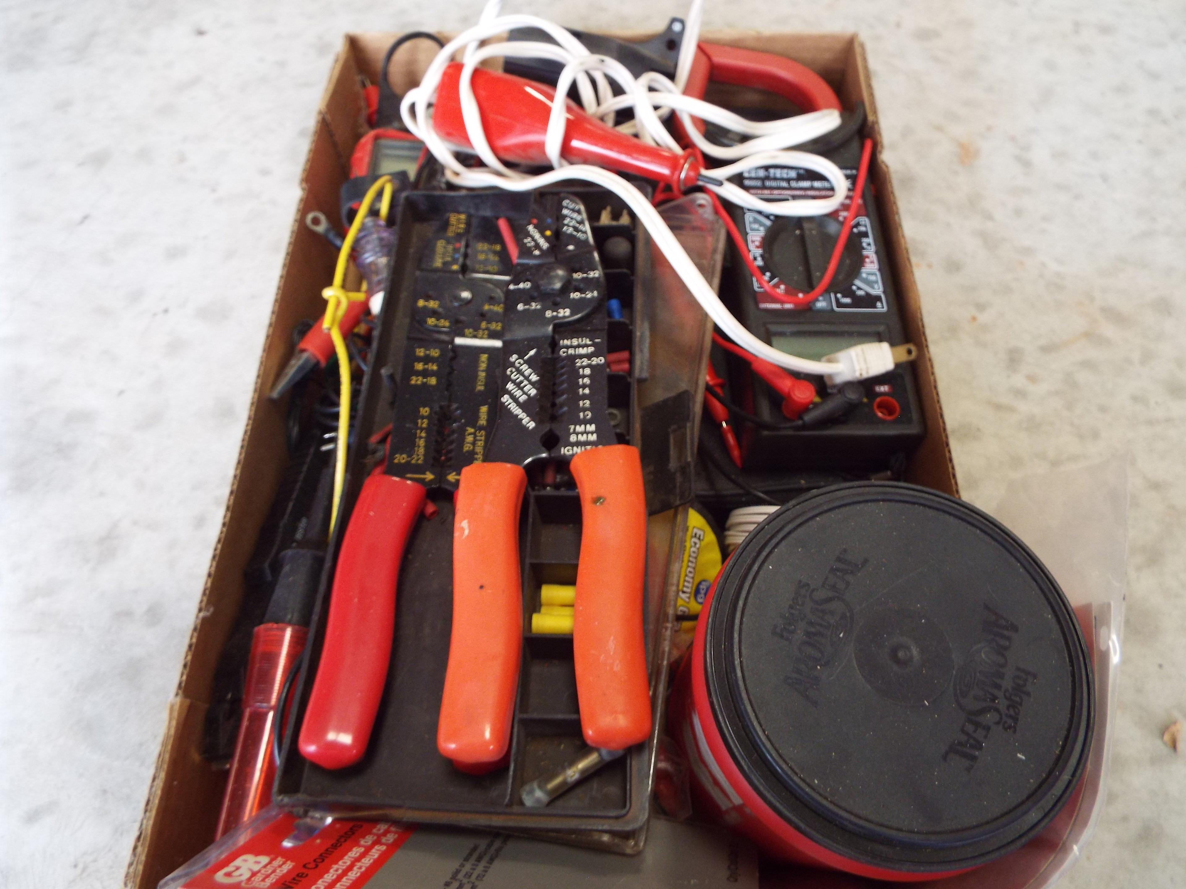 box of electrical splicers, testers, gauges, and electrical, connections