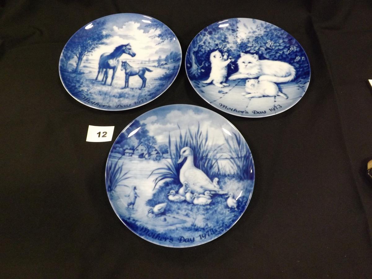 3 Blue Decorative Mother's Day Plates, 7.75" dia