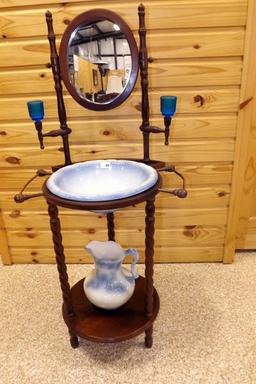 Antique Mirrored Wash Stand w/Pitcher & Basin