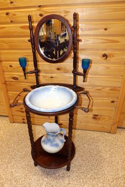 Antique Mirrored Wash Stand w/Pitcher & Basin