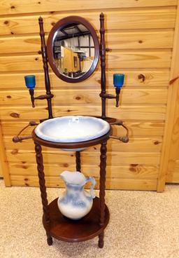 Antique Mirrored Wash Stand w/Pitcher & Basin