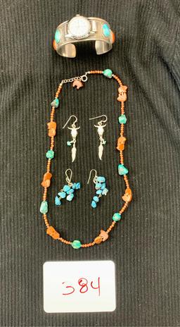 NA 21"Fetish Necklace, Turquoise & Coral Watch, & Earrings
