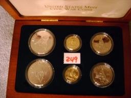 1 - 1995 Civil War 6pc coin set, 2 - 1oz Silver P&S, 2 - .75oz Silver, 2 - $5 W gold