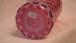 Cranberry opalescent vase, diamond optic pattern, unmarked Fenton, 10”H x 3.75”W