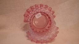 Cranberry opalescent basket, hobnail pattern, clear handle, unmarked Fenton, 6”H x 5.5”W