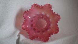 Cranberry opalescent vase, coin dot pattern, crimped top, unmarked Fenton, 8”H x 8.75”W