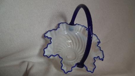 Blue handled & trimmed white opalescent