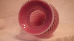 Cranberry opalescent vase, spiral optic pattern, stamped Fenton, late 1980s, 13”H x 5.5”W