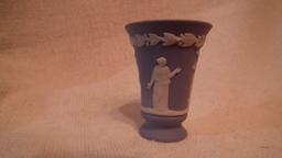 Blue & white toothpick holder, unreadable maker mark (may be Wedgewood), 2 1/8”H x 1.75”W