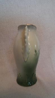 Green, white, & gold 2 handled vase,