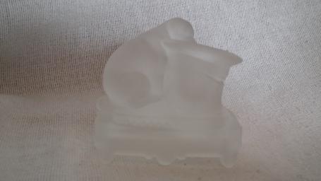 Clear satin finish toothpick holder, dog with mouth on hat sitting on a legged table, 3.5”H x 3.5”W