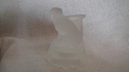 Clear satin finish toothpick holder, dog with mouth on hat sitting on a legged table, 3.5”H x 3.5”W