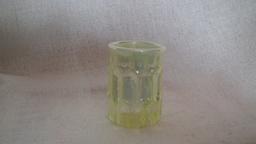 Yellow opalescent toothpick holder, marked Gibson 1997, 2.25”H x 1.75”W