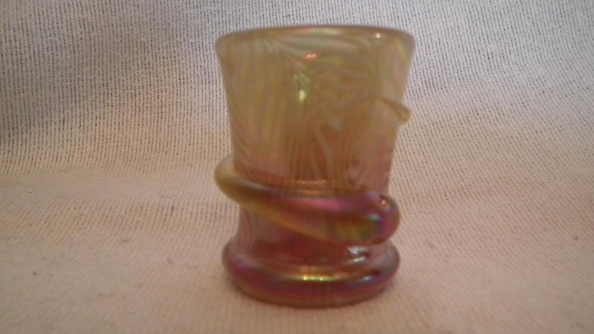 Snake toothpick holder, gold to mauve with white swirl design, signed Crider 2009, 1”H x 1 7/8”W