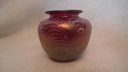 Spittoon, raspberry carnival with white swirl design, signed Crider 1983, 3”H x 3.75”W