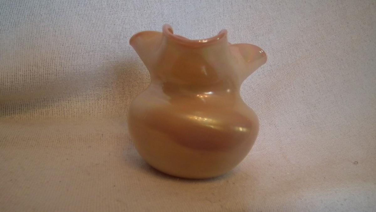 Spittoon, pink & yellow, wavy top, signed Terry Crider 1979, 4.25”H x 4.75”W