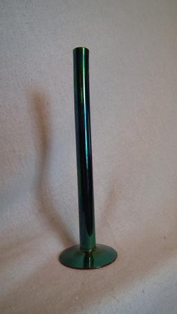 Vase, peacock blue/green, tall, signed TC (no date), 10”H x 2.75”W