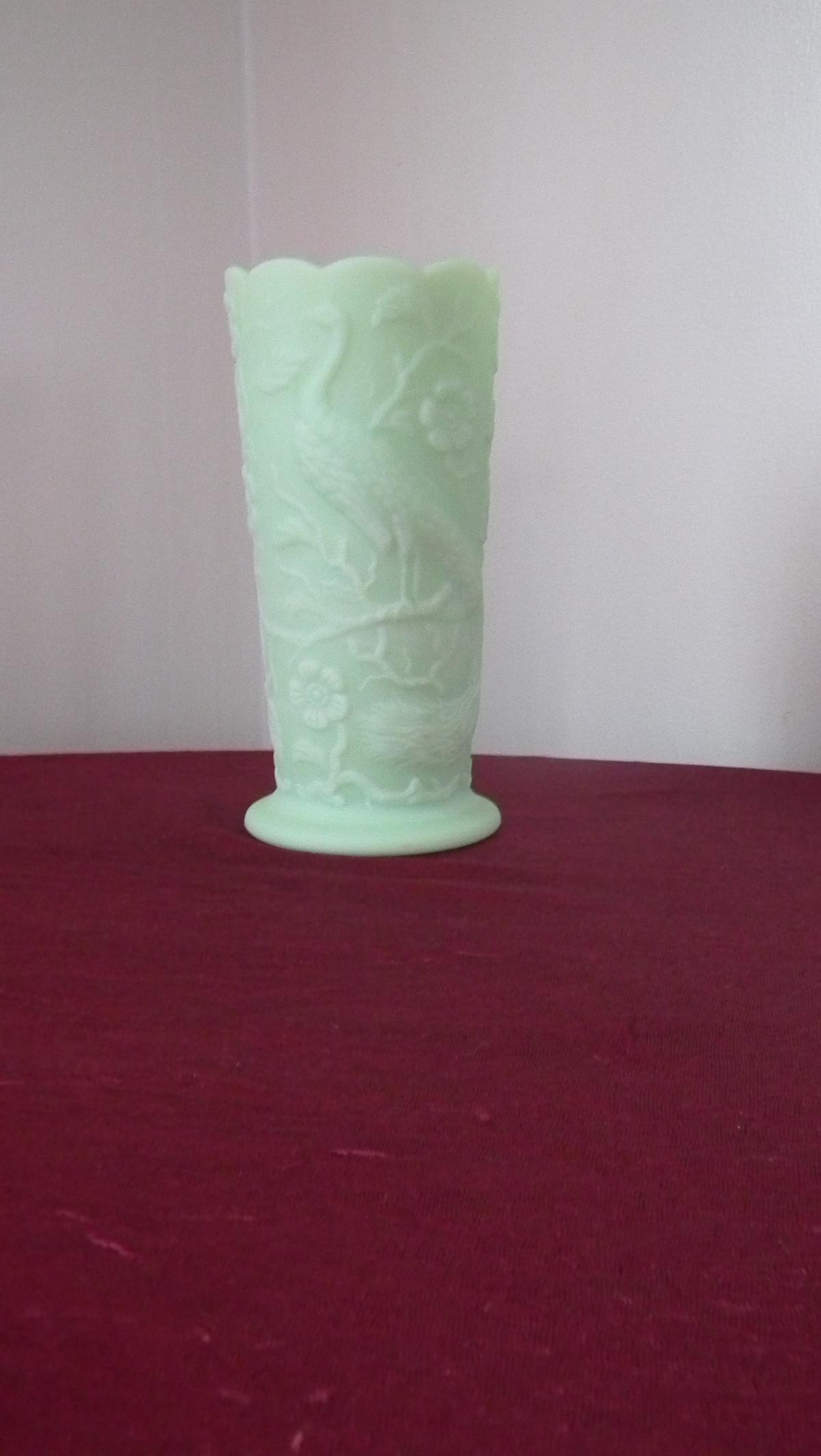 Fenton, lime, peacock & dogwood vase, marked Fenton, 7 3/4” x 3 5/8”