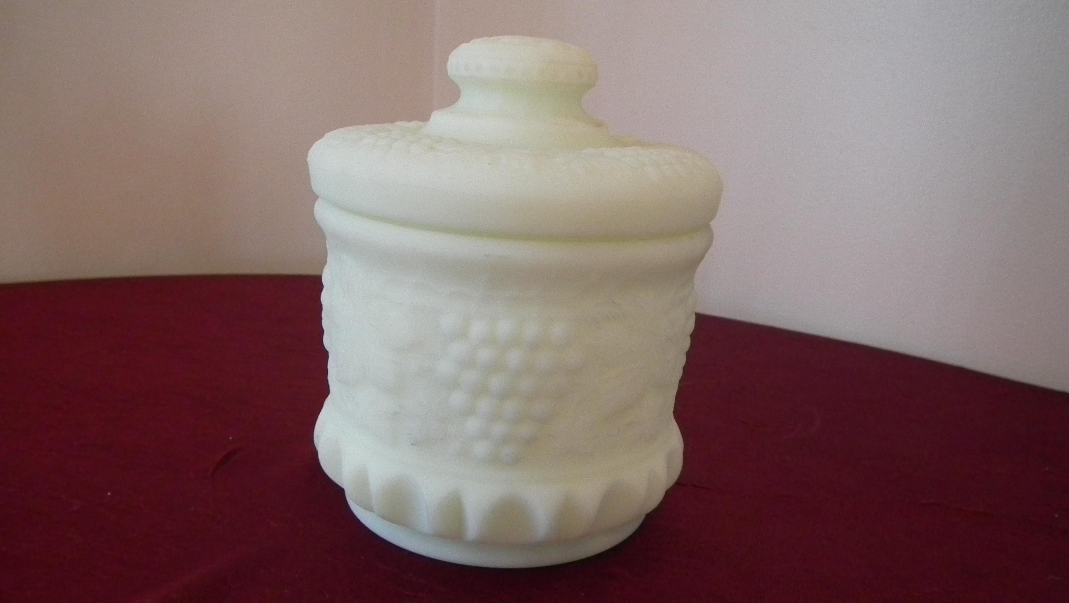 Fenton, custard covered jar, Fenton label, marked Fenton, 7 ¼” x 6”