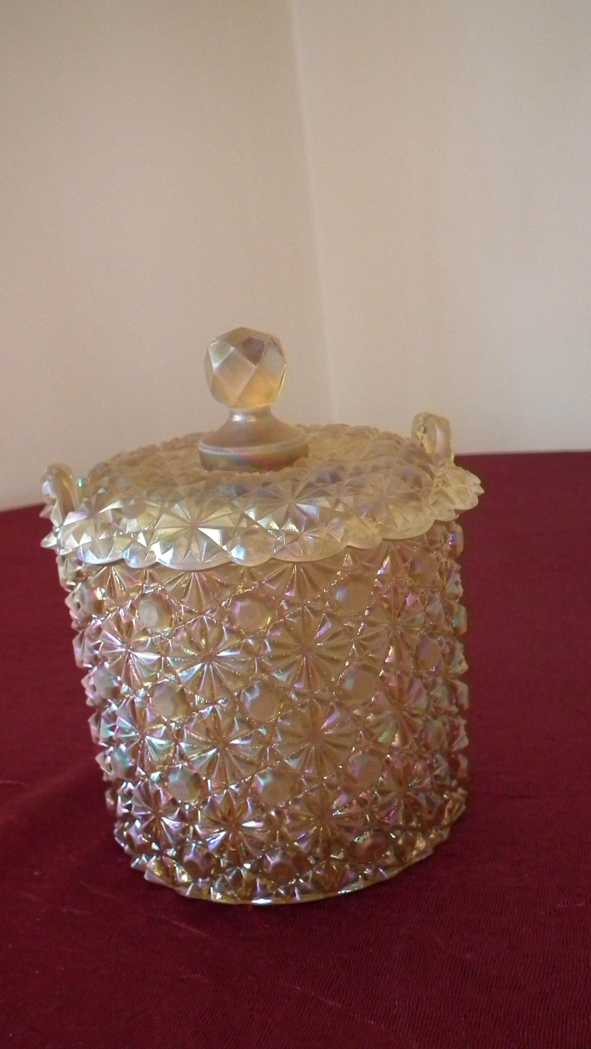 Fenton, gold daisy & button covered dish, marked Fenton, 4 3/4”