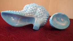 Fenton, blue marbled hobnail boot covered dish, gold Fenton sticker, 3 1/4” x 6 1/4”