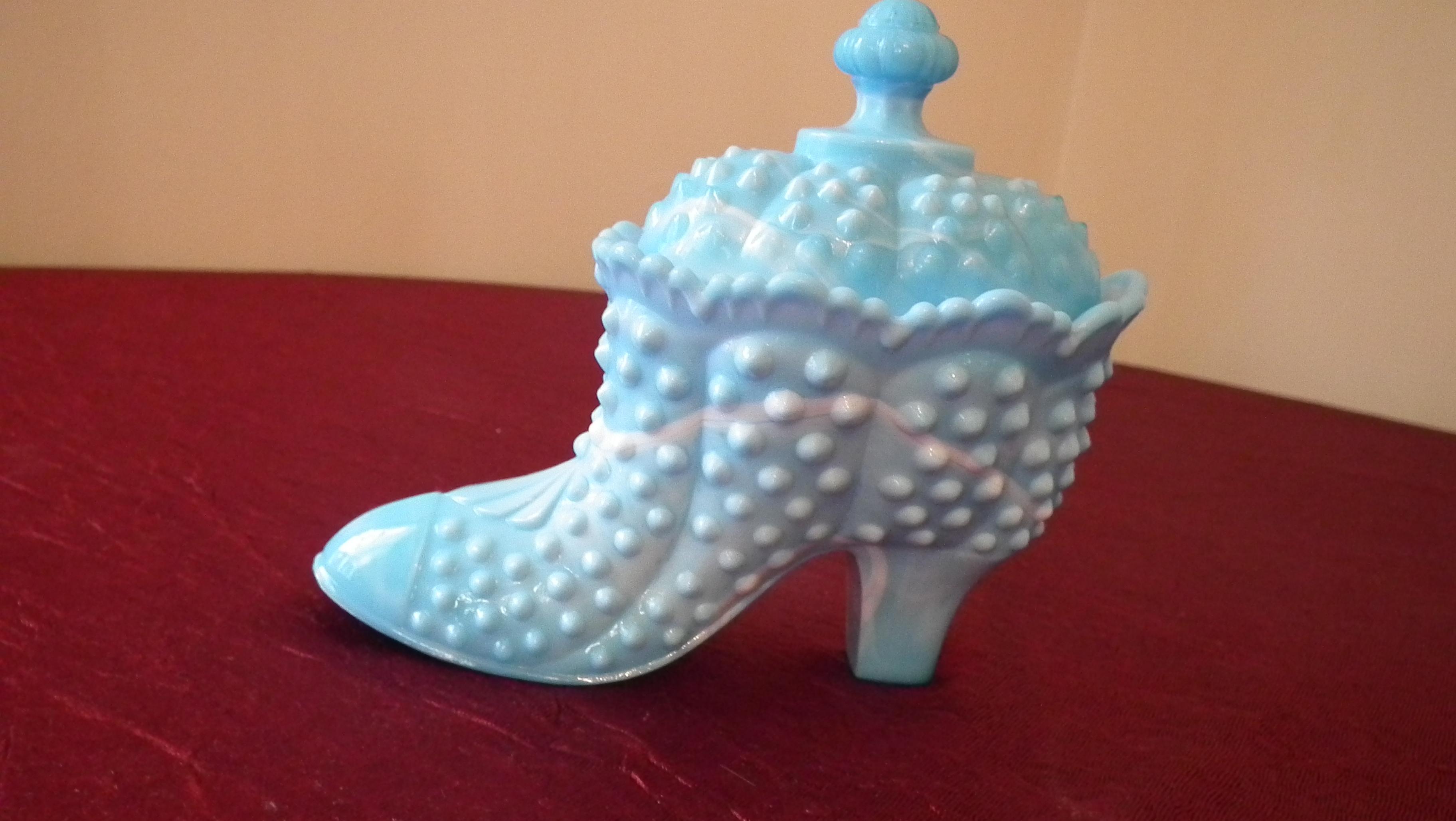 Fenton, blue marbled hobnail boot covered dish, gold Fenton sticker, 3 1/4” x 6 1/4”