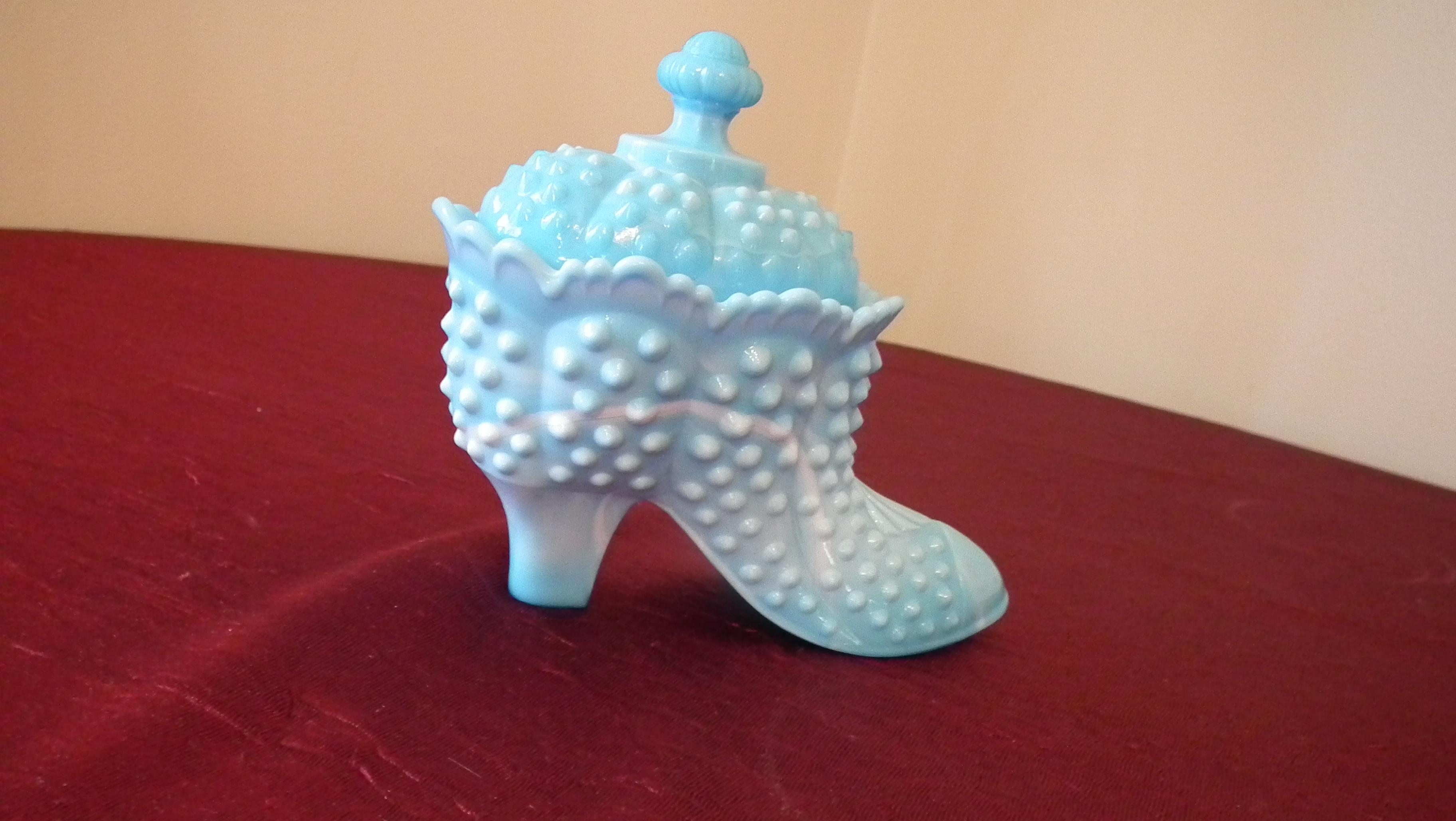 Fenton, blue marbled hobnail boot covered dish, gold Fenton sticker, 3 1/4” x 6 1/4”