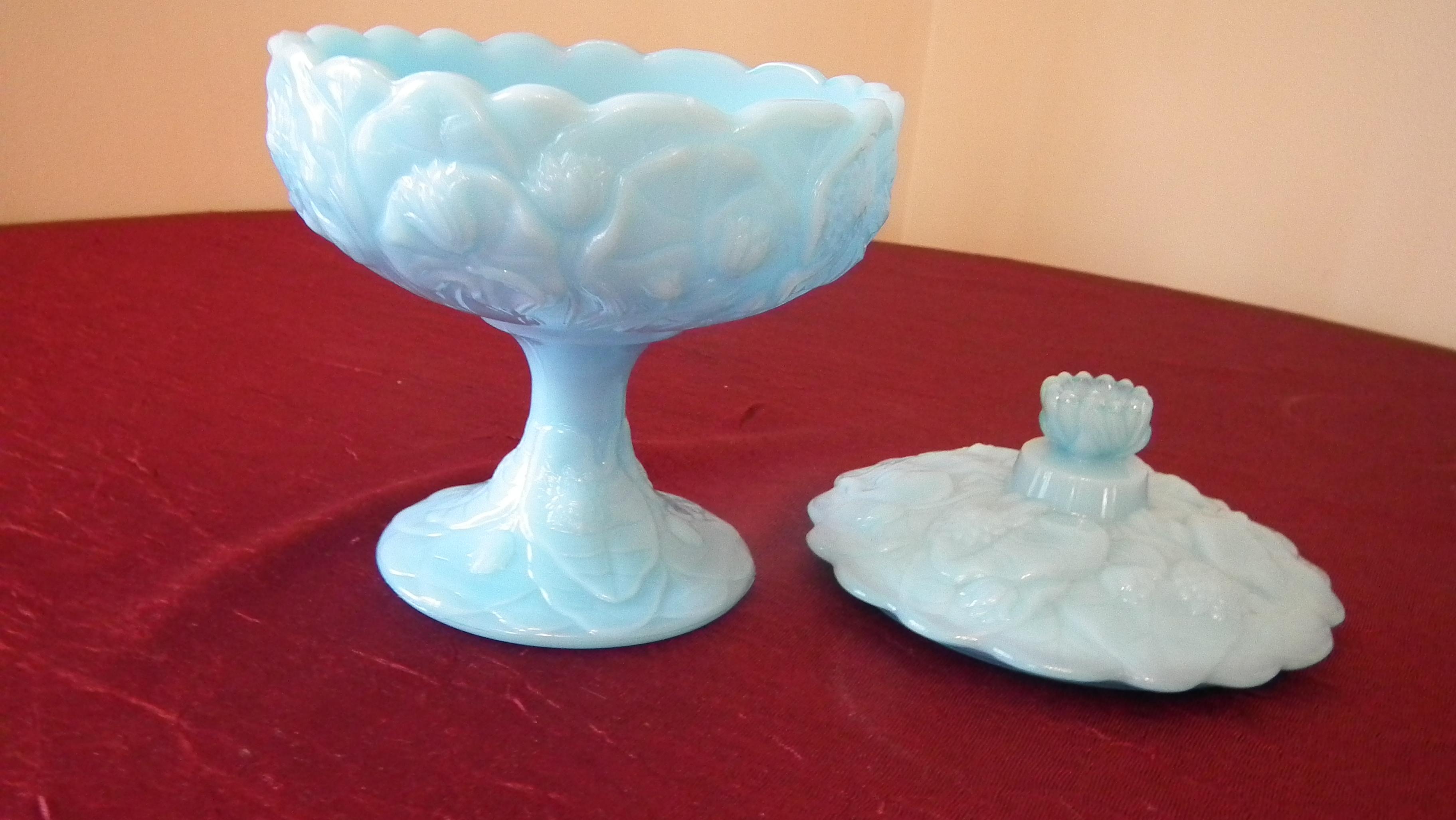 Fenton, blue lily pad covered dish, marked Fenton on both parts, 7 1/4” x 5 1/2”