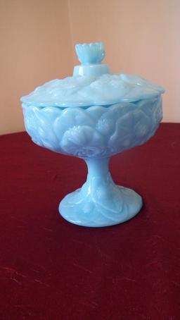 Fenton, blue lily pad covered dish, marked Fenton on both parts, 7 1/4” x 5 1/2”