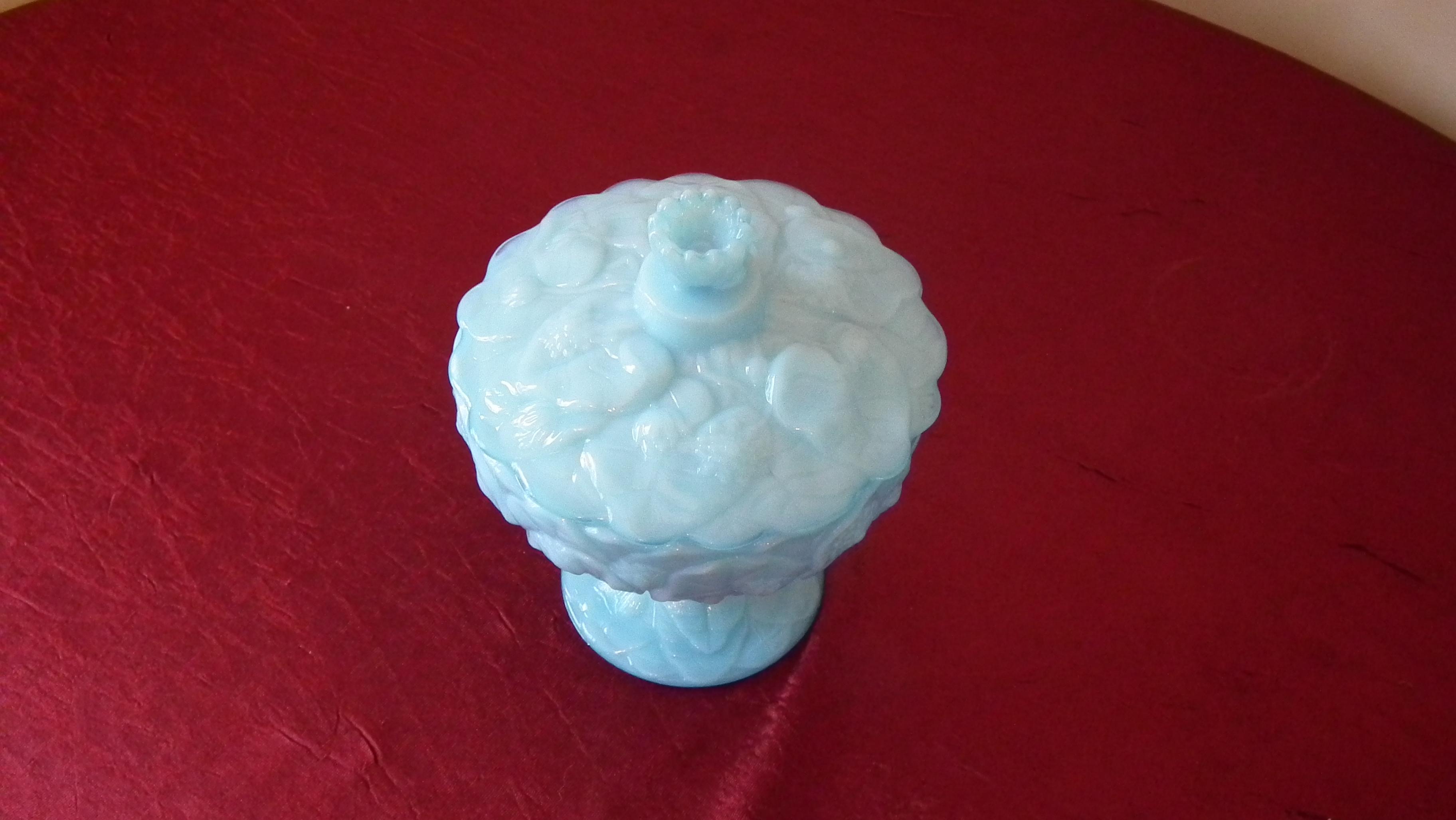 Fenton, blue lily pad covered dish, marked Fenton on both parts, 7 1/4” x 5 1/2”