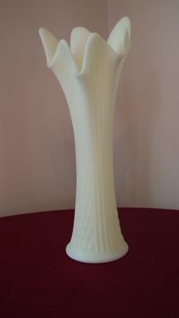 Fenton, custard, diamond & stripes vase, marked Fenton, 15” x 5 1/2”