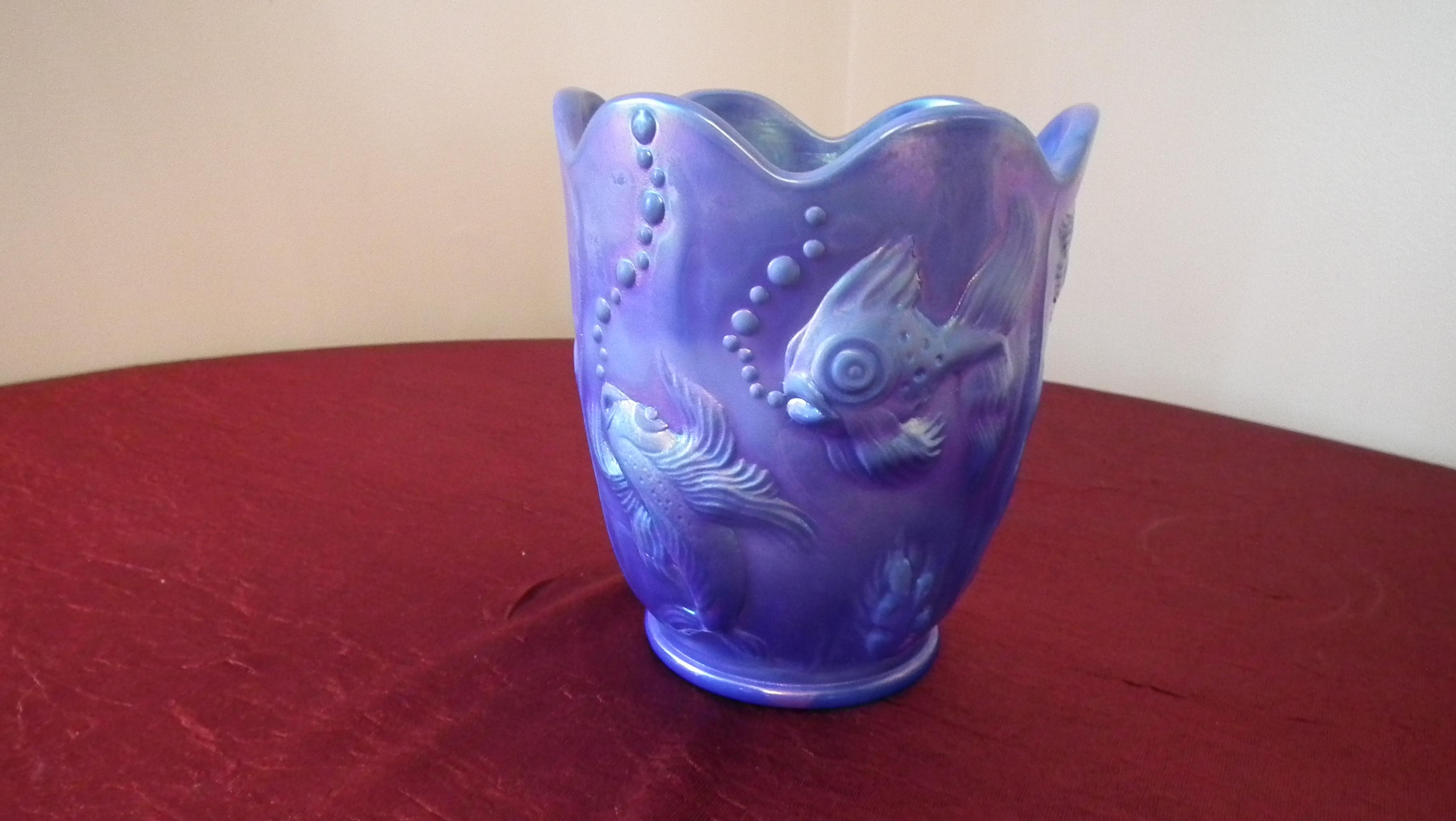 Fenton, blue fish vase, marked Fenton, 6 1/2” x 5 3/4”