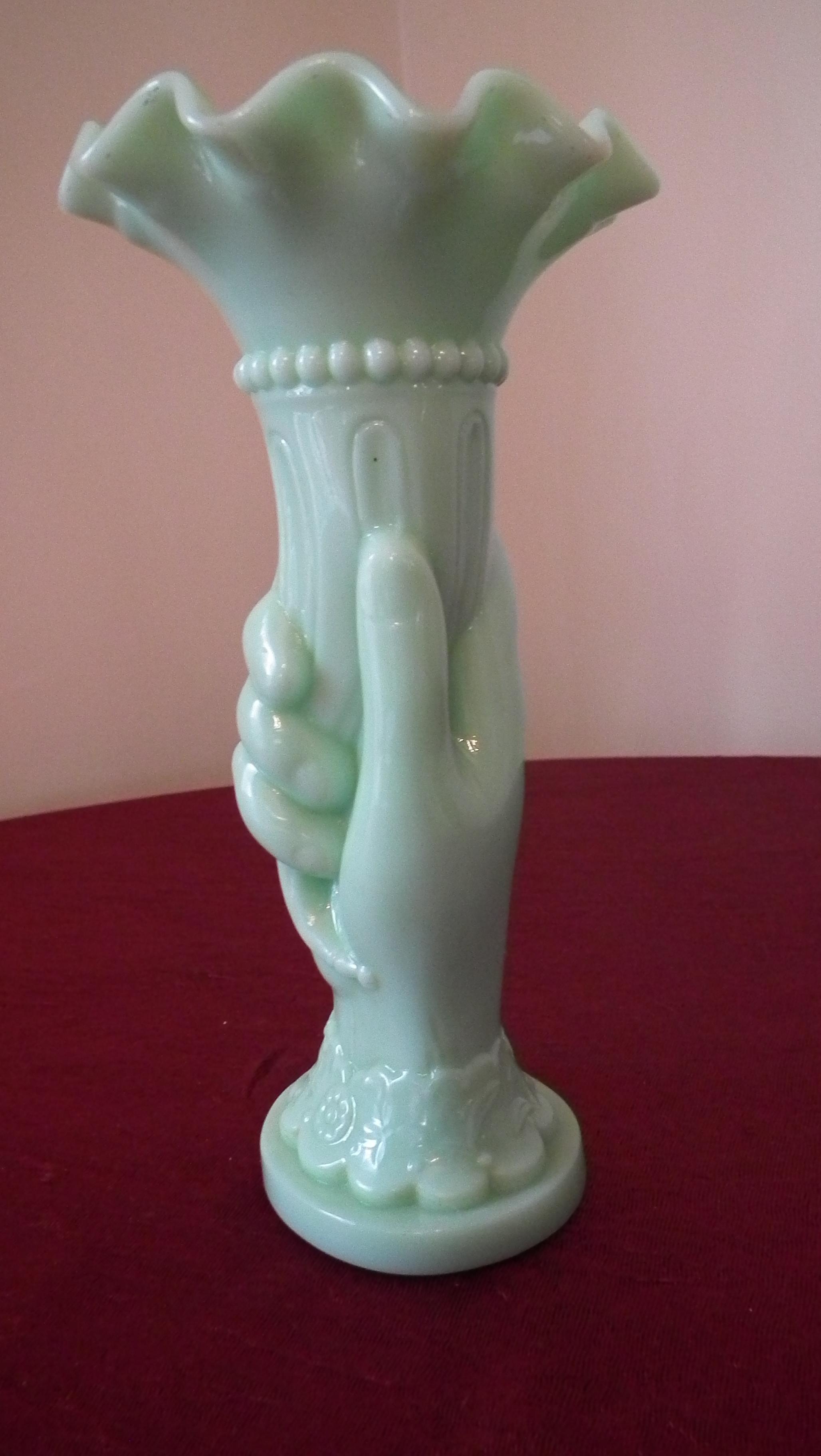 Fenton, lime green hand vase, crimped top rim, unmarked, 8 1/2” x 4 1/4”