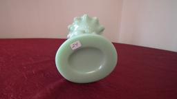 Fenton, lime green hand vase, crimped top rim, unmarked, 8 1/2” x 4 1/4”