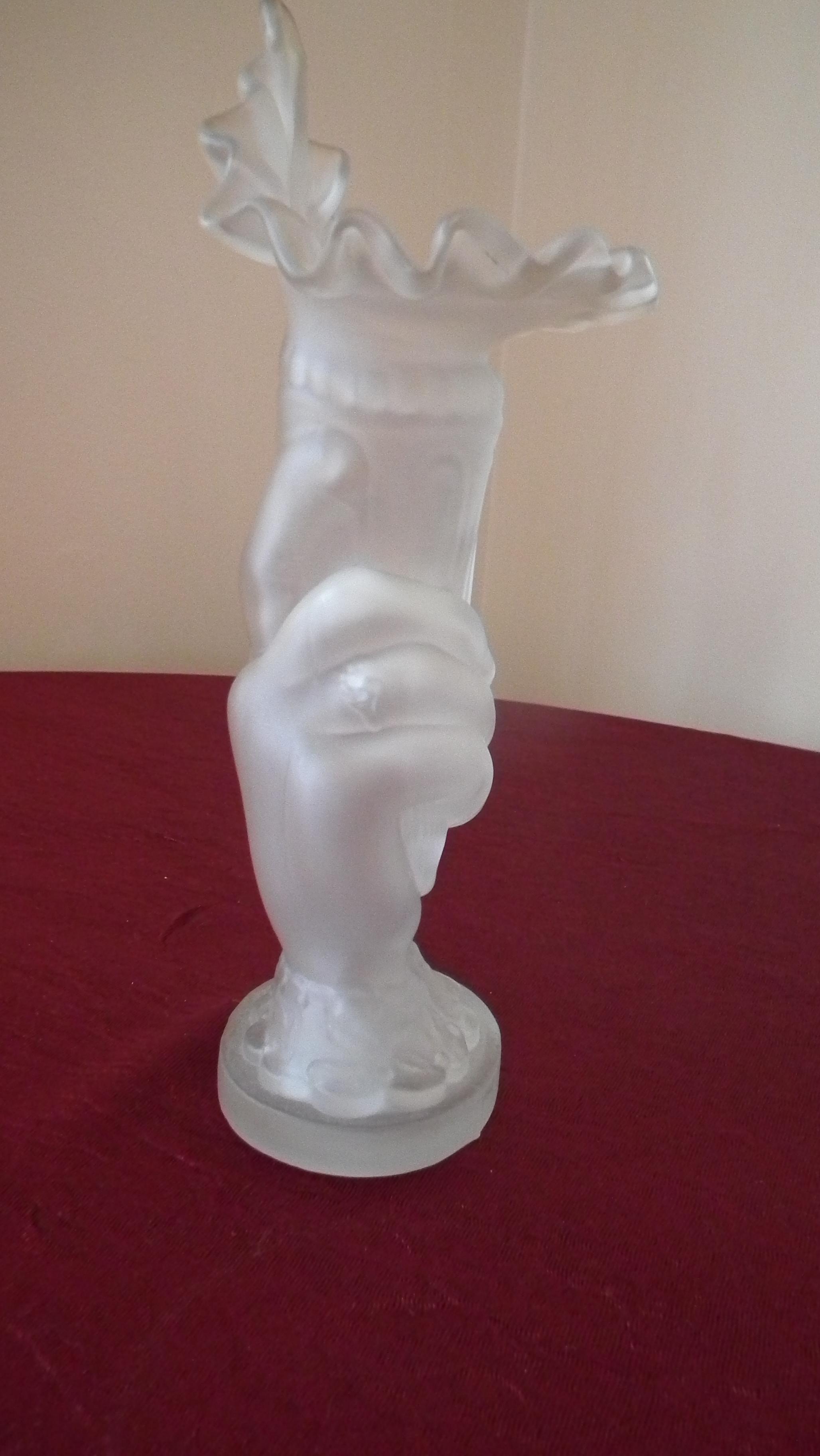 Fenton, clear satin hand vase, jack in the pulpit crimped top, marked Fenton, 9 1/4” x 4 1/4”