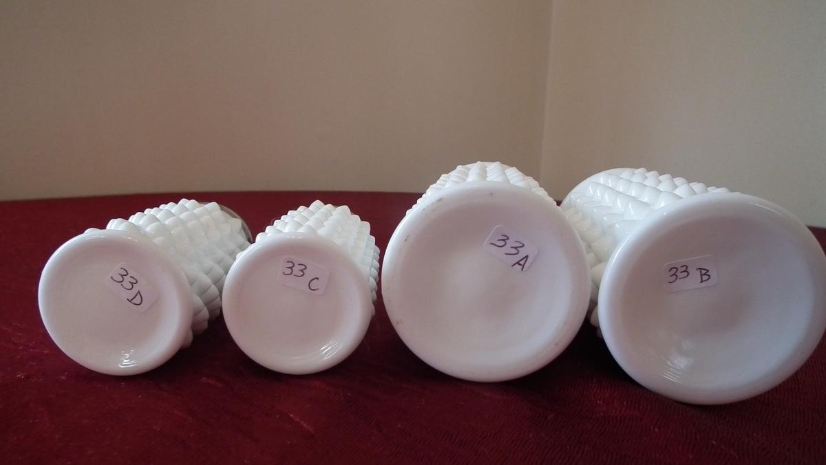 Fenton, 2 sets of white hobnail salt & pepper shakers, tin tops, unmarked, set A/B = 4 1/2” x 2”. se