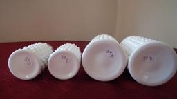 Fenton, 2 sets of white hobnail salt & pepper shakers, tin tops, unmarked, set A/B = 4 1/2” x 2”. se