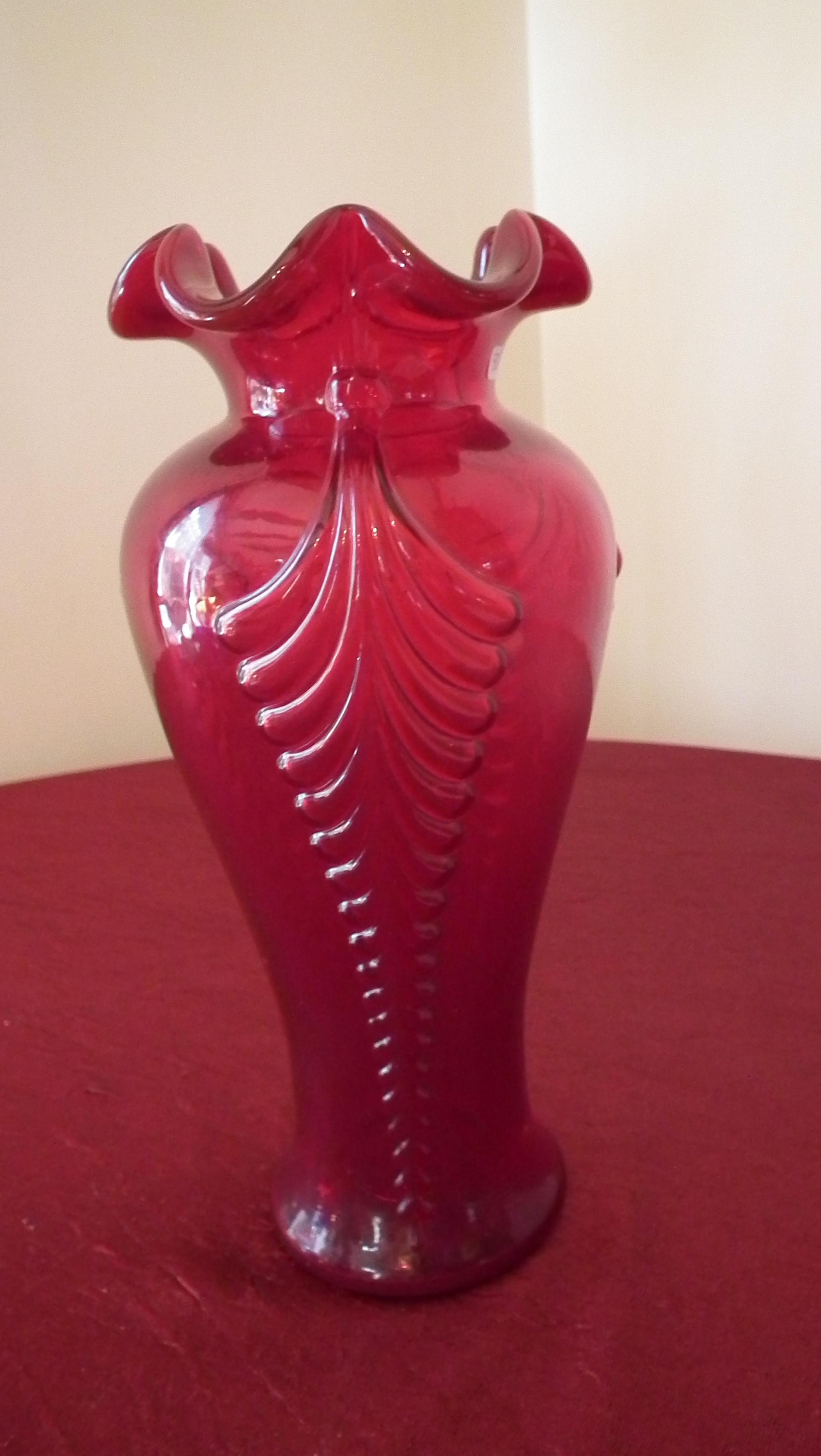 Fenton, red vase, marked Fenton, 11” x 5”